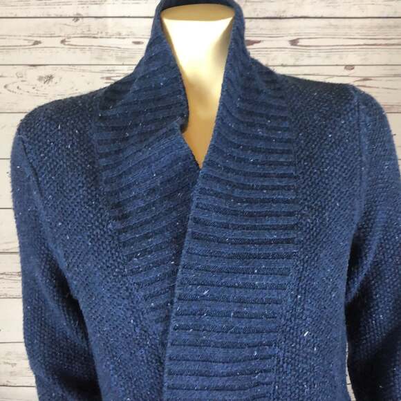 L.L Bean Blue Speckled Chunky Knit shawl collar open front Cardigan size small - Picture 6 of 12